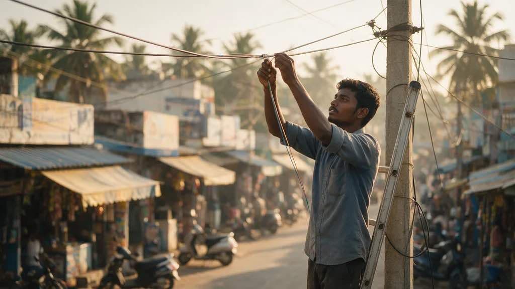 A City Online technician running fibre above a Kakinada street